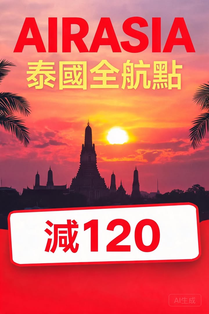 曼谷🇹🇭亞航泰國全航點減 $120優惠碼 SNAPNOW 仲包免配圖,香港人旅行攻略視覺素材