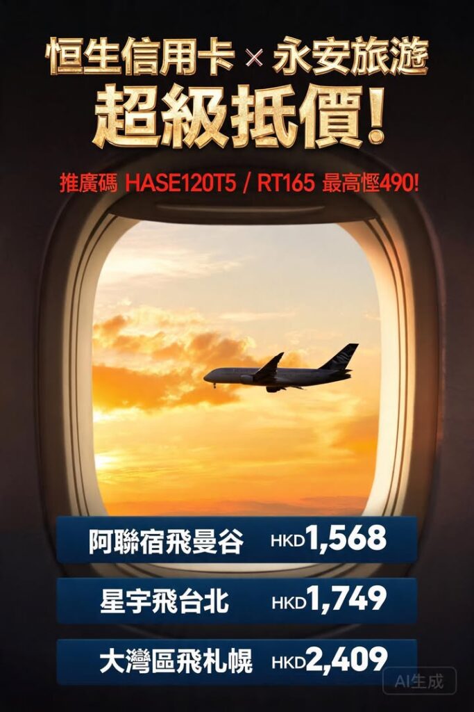 恒生信用卡 x 永安旅遊又發功喇!分別用推廣碼 HASE120T5 同 RT165,預訂機票、酒店、自由行最高慳 490 港紙(包括推廣碼及其他折扣)。 日本恒生信用卡 x 永安旅遊又發功喇分別用推廣碼 HASE120配圖,香港人旅行攻略視覺素材