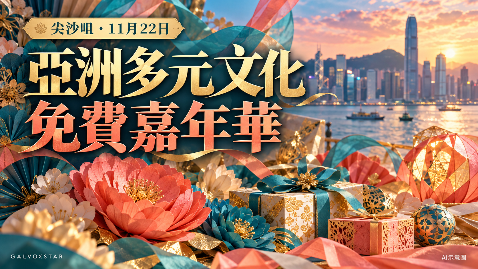 亞洲多元文化免費嘉年華紙花與禮物概念封面，AI示意圖
