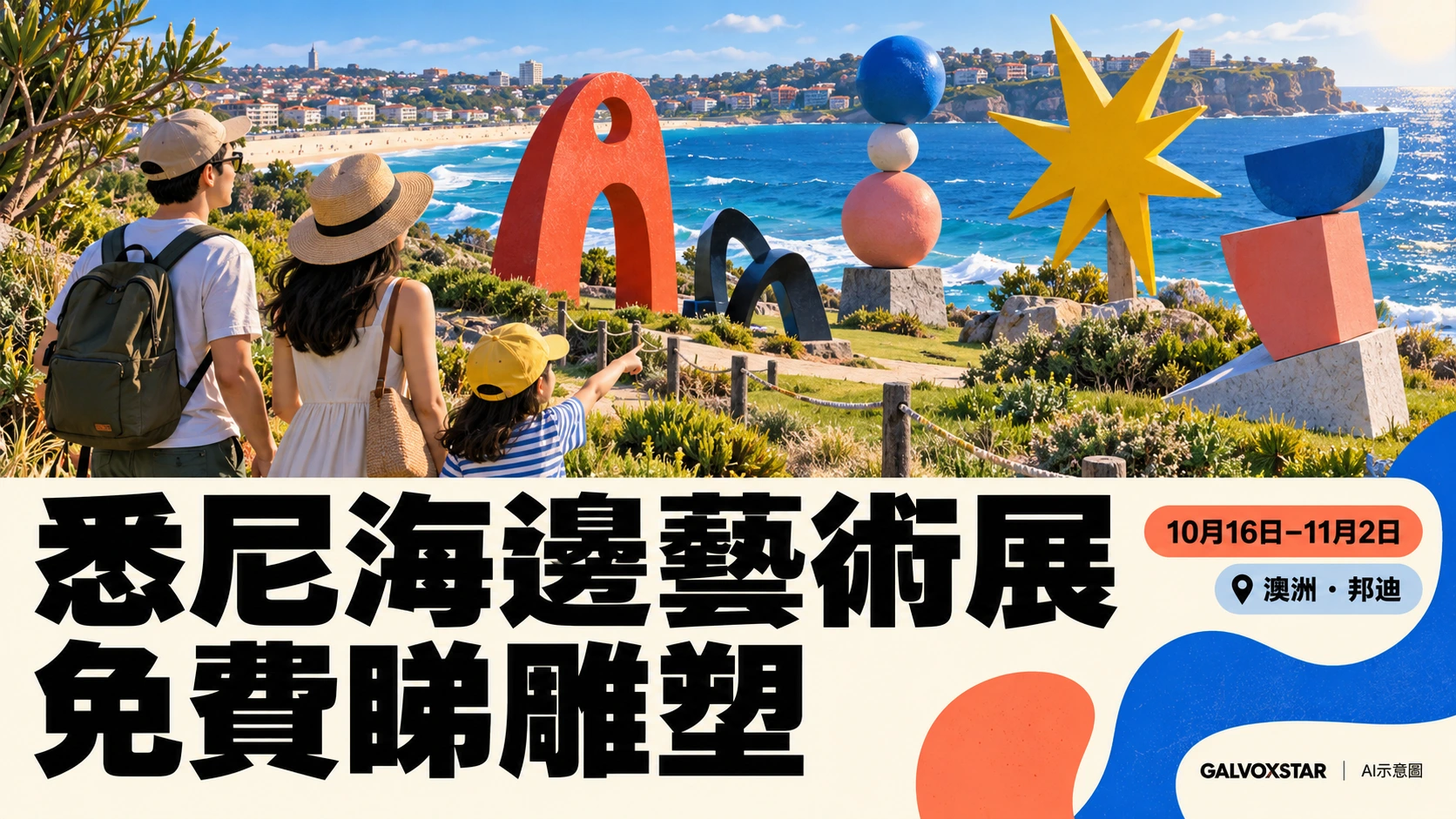 一家人在海岸看抽象雕塑的AI概念圖，非邦迪現場或本屆作品