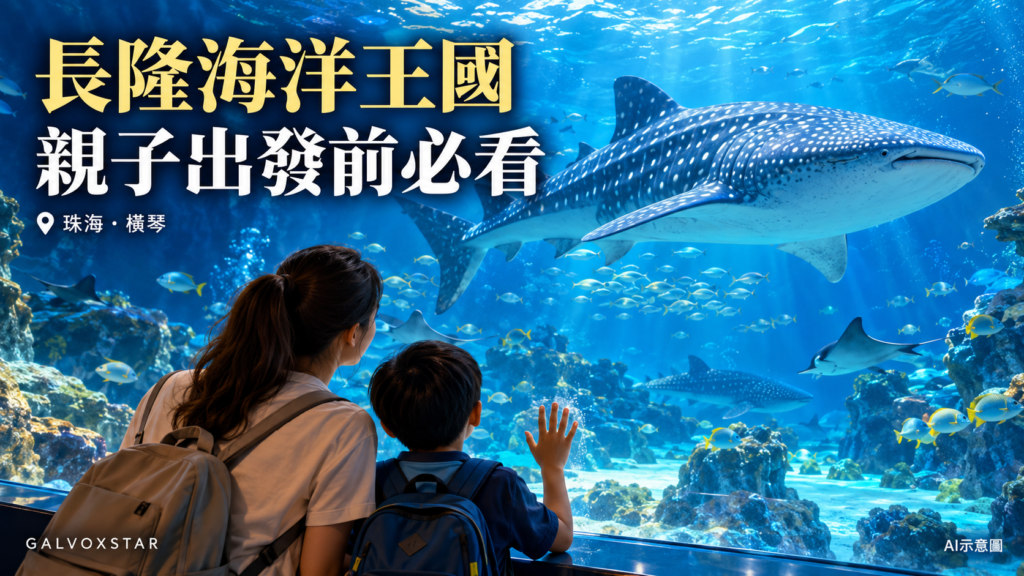 親子在虛構水族館觀賞鯨鯊的AI示意封面，並非長隆園區實拍