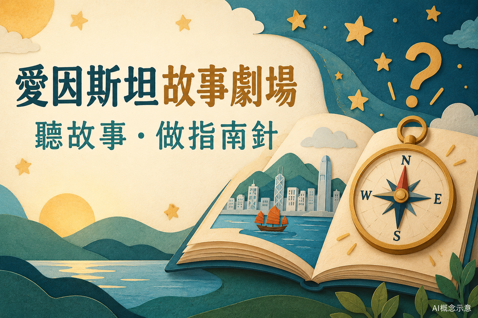 愛因斯坦故事劇場：故事書與指南針的AI概念插畫，非活動現場