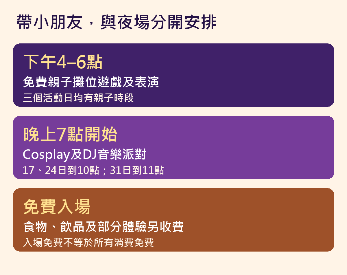 尖東免費萬聖節親子場下午四至六點、DJ晚上七點與額外消費分項圖
