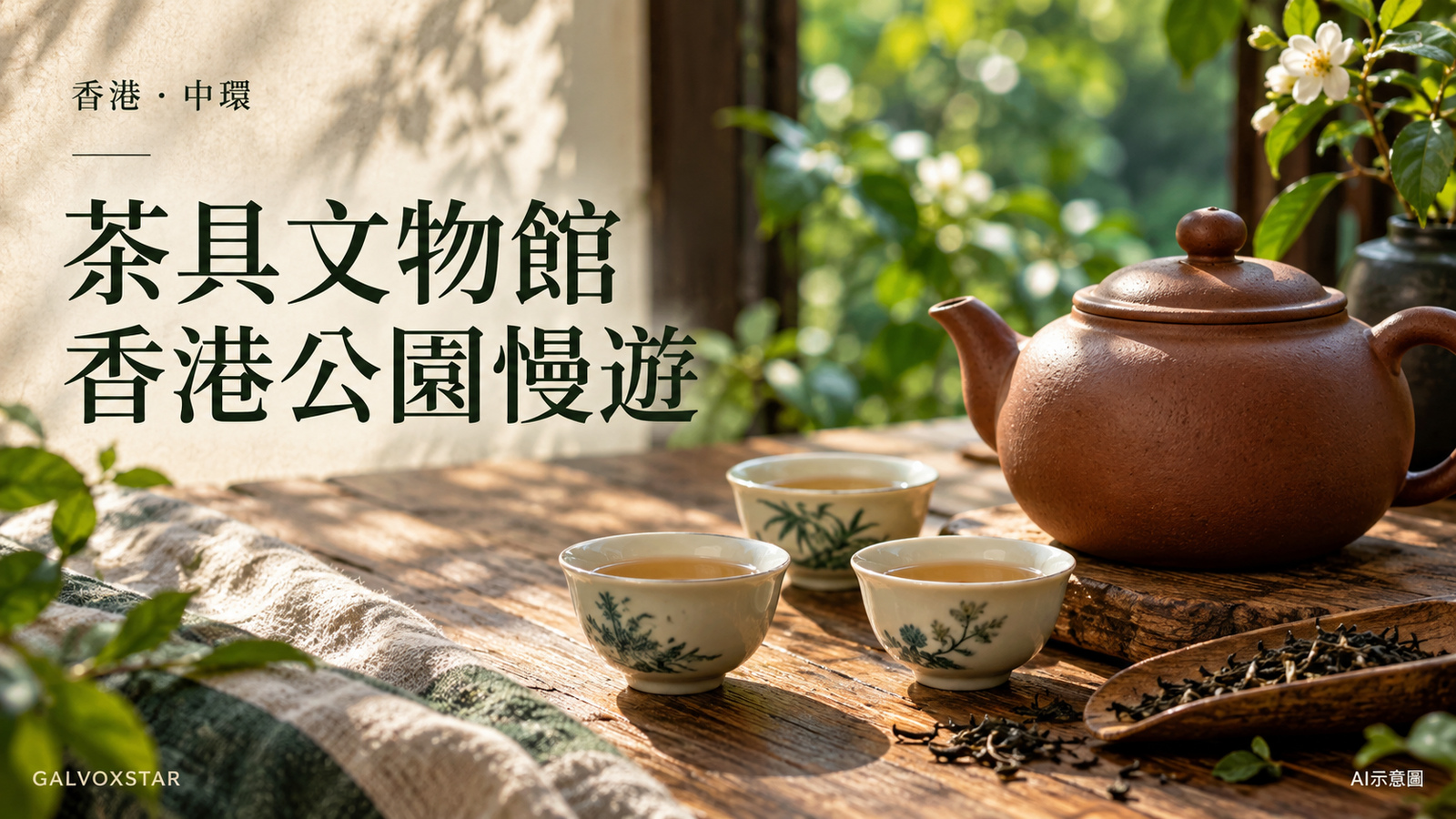 茶具文物館香港公園慢遊封面，茶壺茶杯為AI示意，非館內展品實拍
