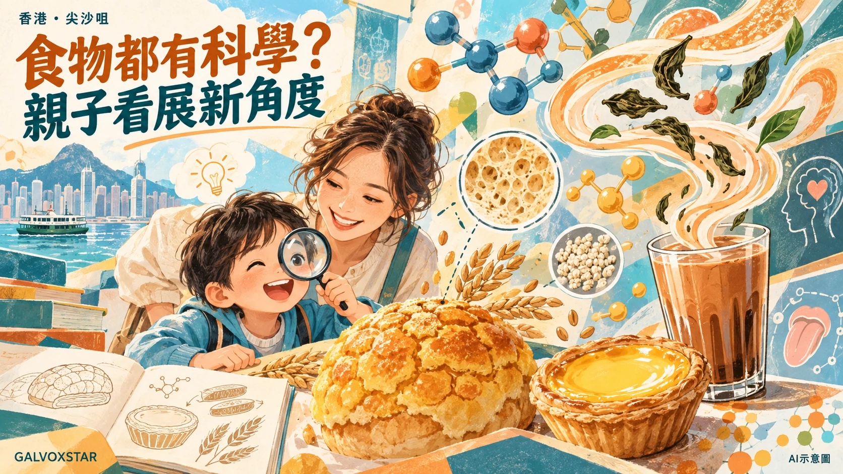 親子從菠蘿包、蛋撻及奶茶探索食物科學的AI概念插畫