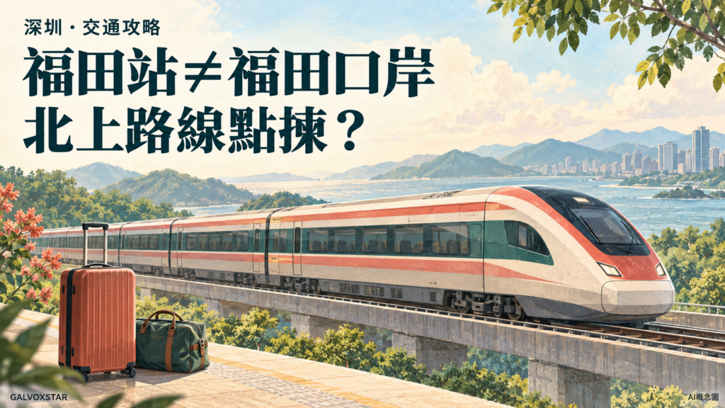 泛用列車與行李的北上交通概念插畫，非車站實景。