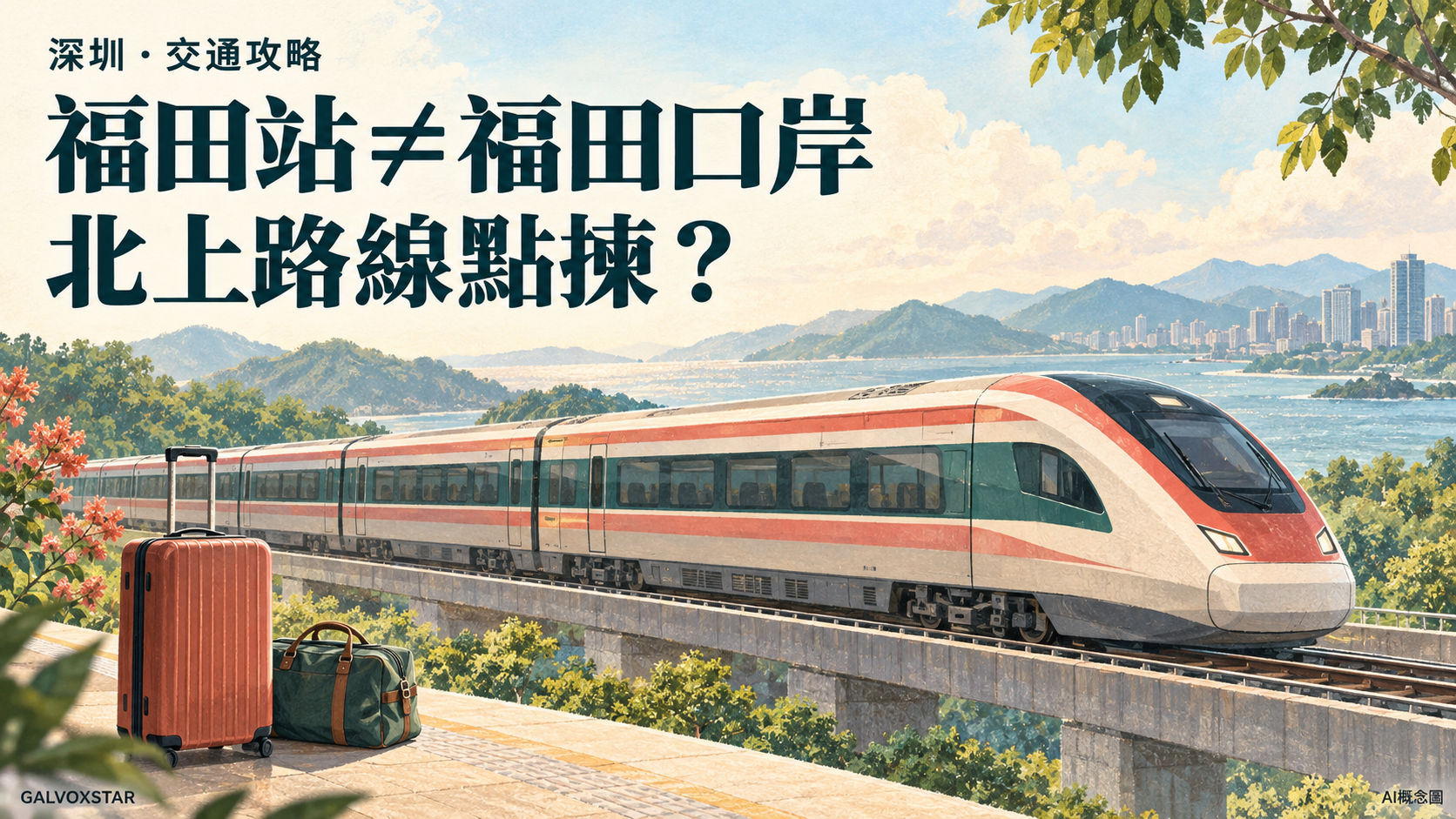 泛用列車與行李的北上交通概念插畫，非車站實景。