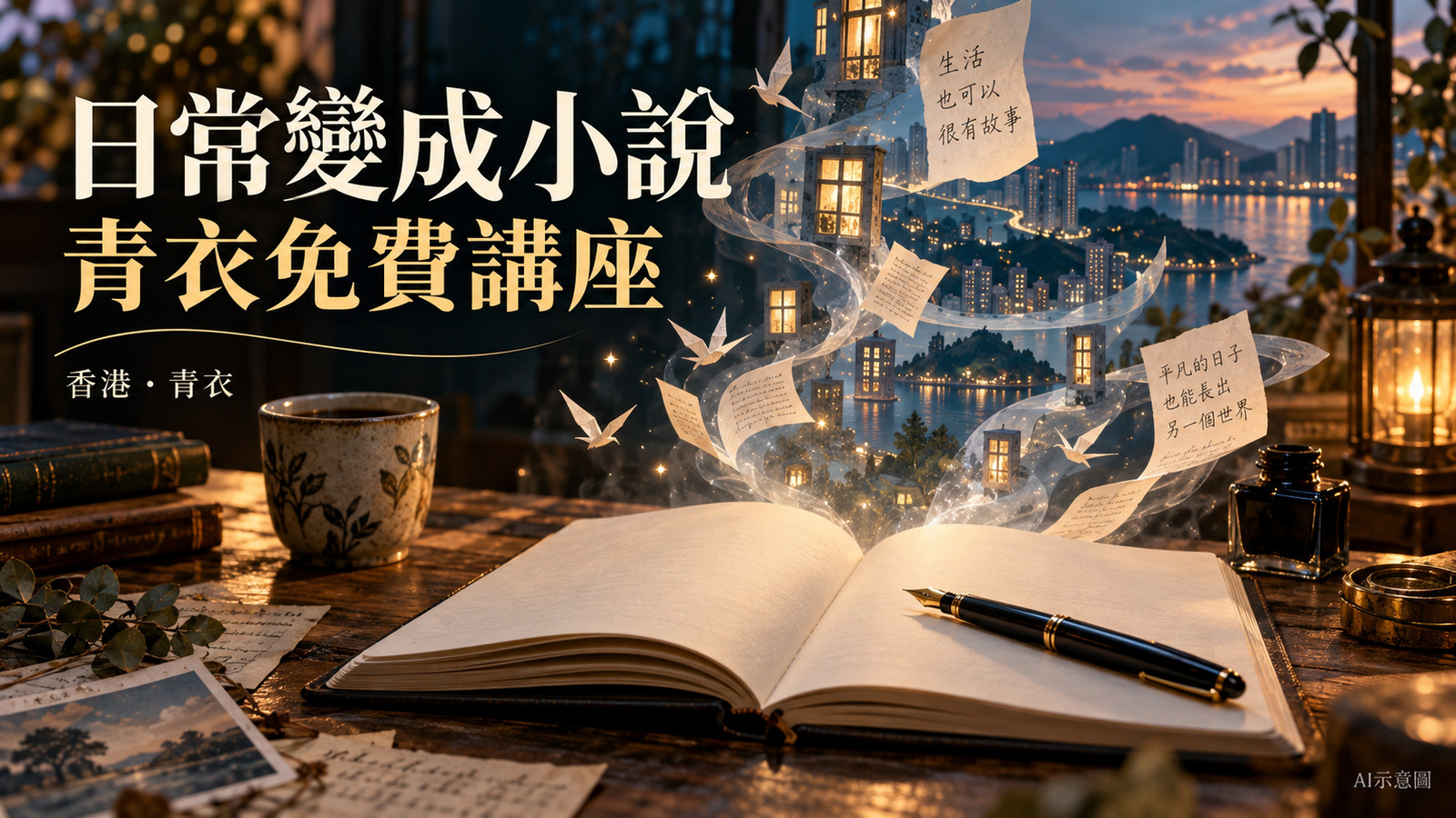 日常變成小說、青衣免費講座封面,寫作靈感為AI示意圖