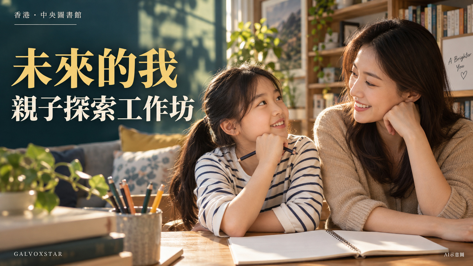 未來的我親子探索工作坊封面，母女討論未來為AI示意圖