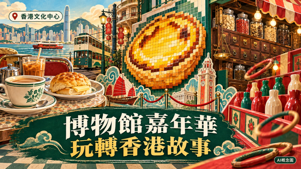 以舊式茶檔、像素蛋撻和中藥舖意象拼貼的香港博物館嘉年華AI概念圖
