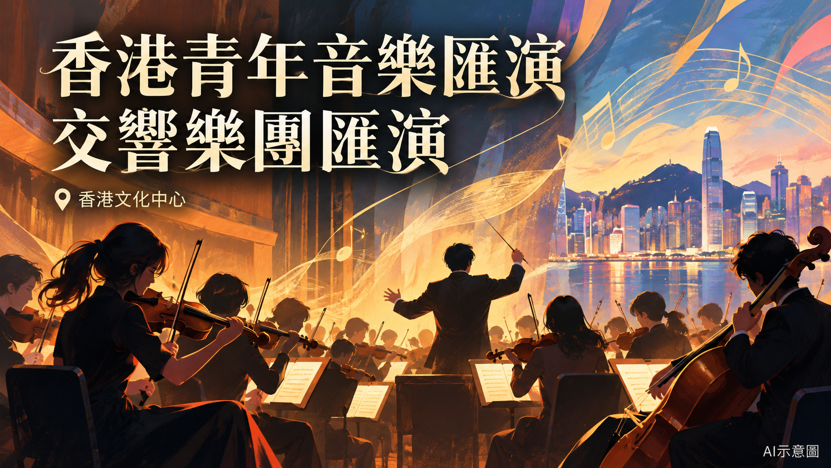 香港青年音樂匯演交響樂團概念插畫,AI示意並非活動實況