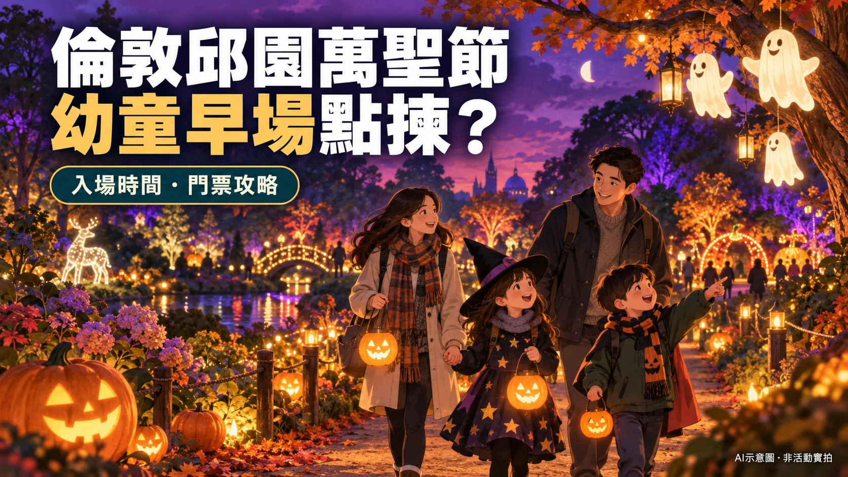 倫敦萬聖節親子夜遊AI插畫,燈飾、人物及場景為虛構,非邱園活動實拍