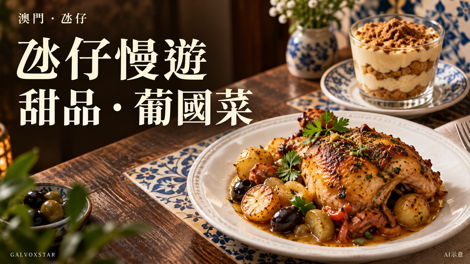 氹仔慢遊飲食概念封面:甜品與葡國菜,AI示意非店舖實拍