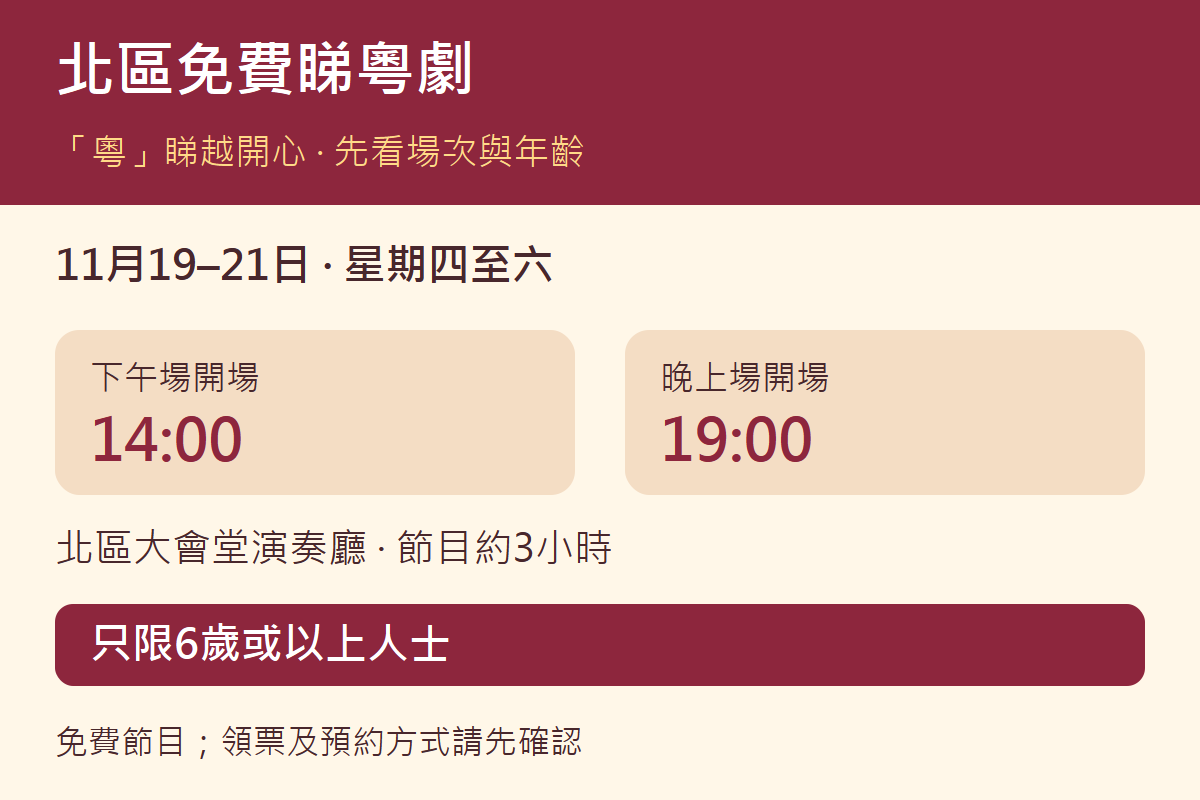 北區粵劇欣賞會11月19至21日、下午及晚上開場、約三小時長度與六歲入場門檻圖解