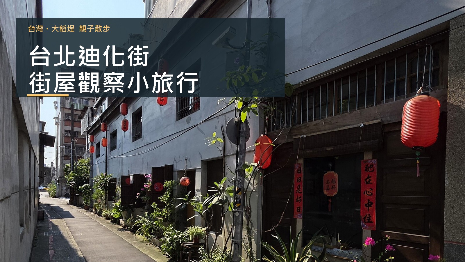 2026年台北迪化街一段280巷街景，紅燈籠和植物